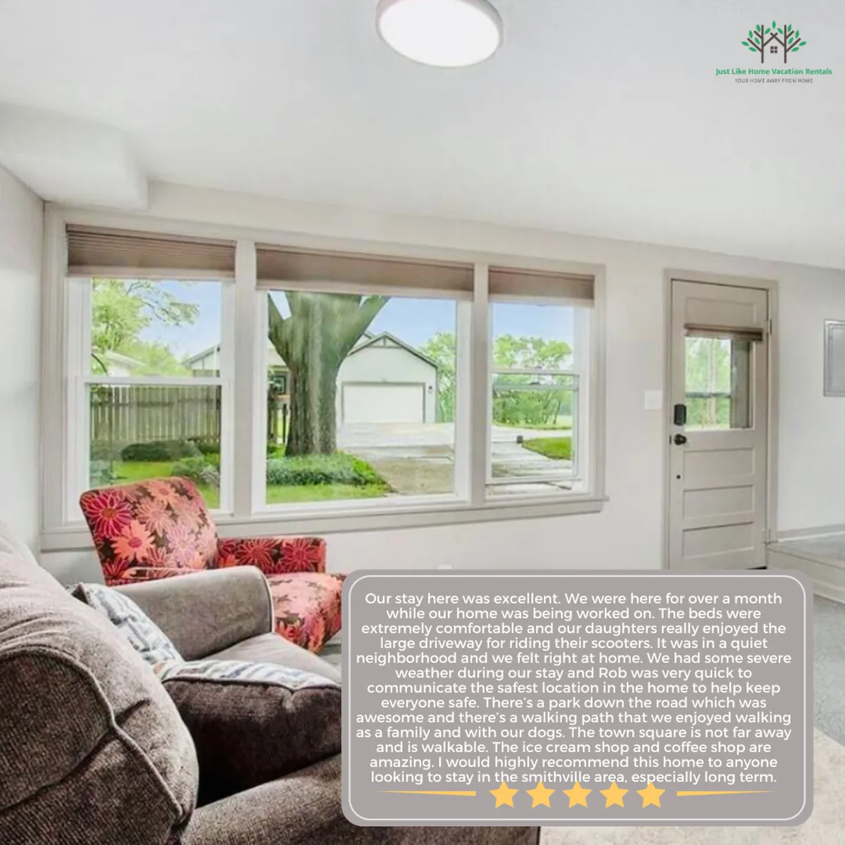 A welcoming interior area with large windows, a comfortable seating nook, and decorative pillows. The scene hints at activities just outside—like scooter rides and walks with pets—while providing a cozy place to unwind and transition indoors.